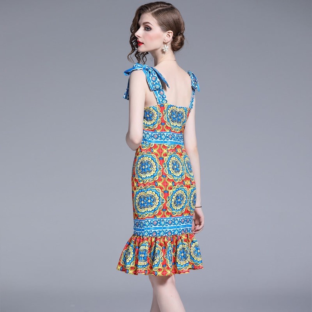 Retro Blue Square Neck Contrast Color Print Bow Decor Strap Ruffled Hem Dress