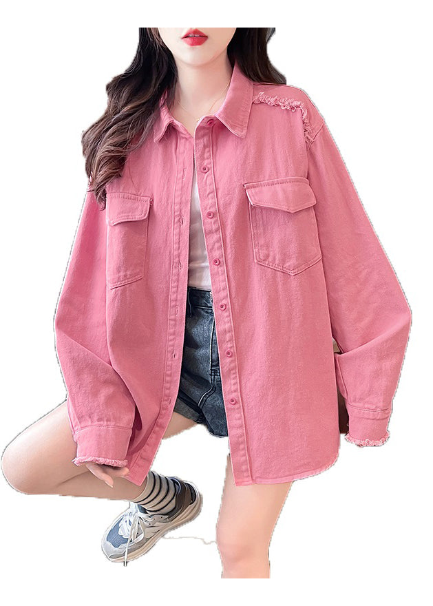 Casual Pink Peter Pan Collar Pockets Denim Shirts Coat Fall QC001