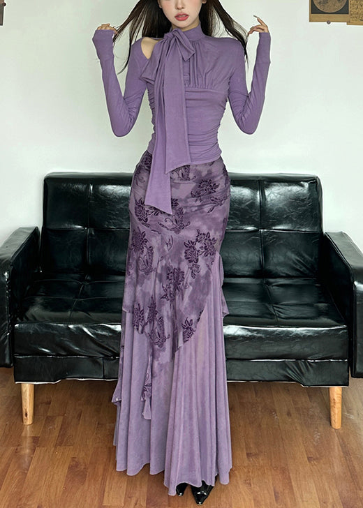 Purple Up Two-Piece Tulle Lace Tops And Skirts Novelty Patchwork