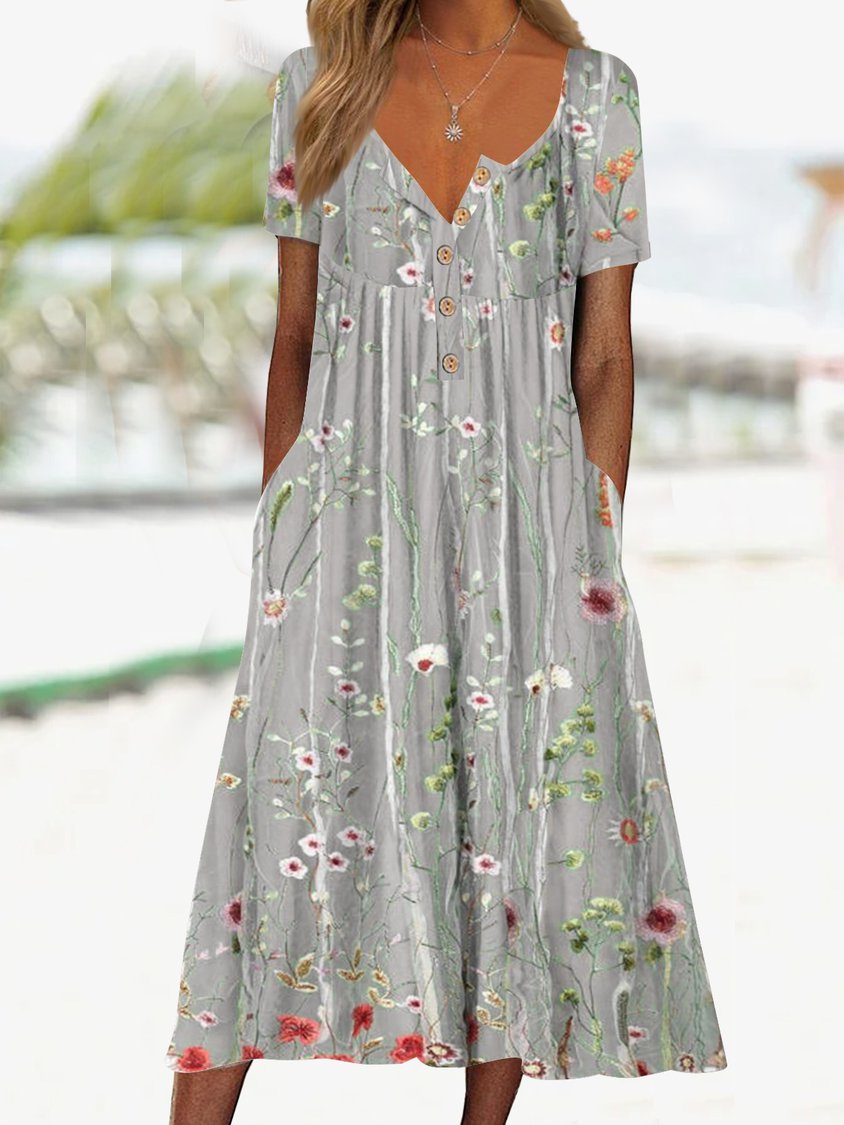 Gradient Flower Loose Long Dress Half Open Button Pocket Dress AD574