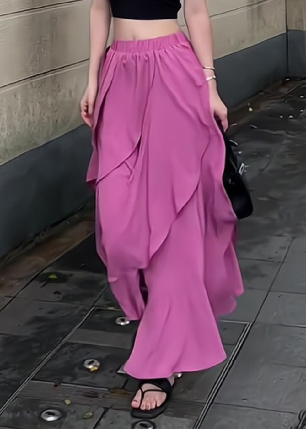 Organic Summer Maxi Elastic Waist Skirt Purple Patchwork Ruffled