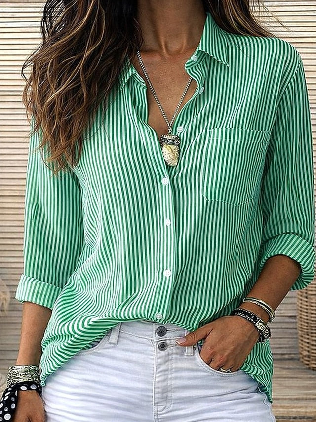 Women's Blouse Buttons Print Striped Stylish Casual Long