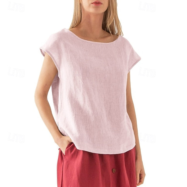 Women's Cotton Linen Shirt T Shirt Tee Top Solid Color