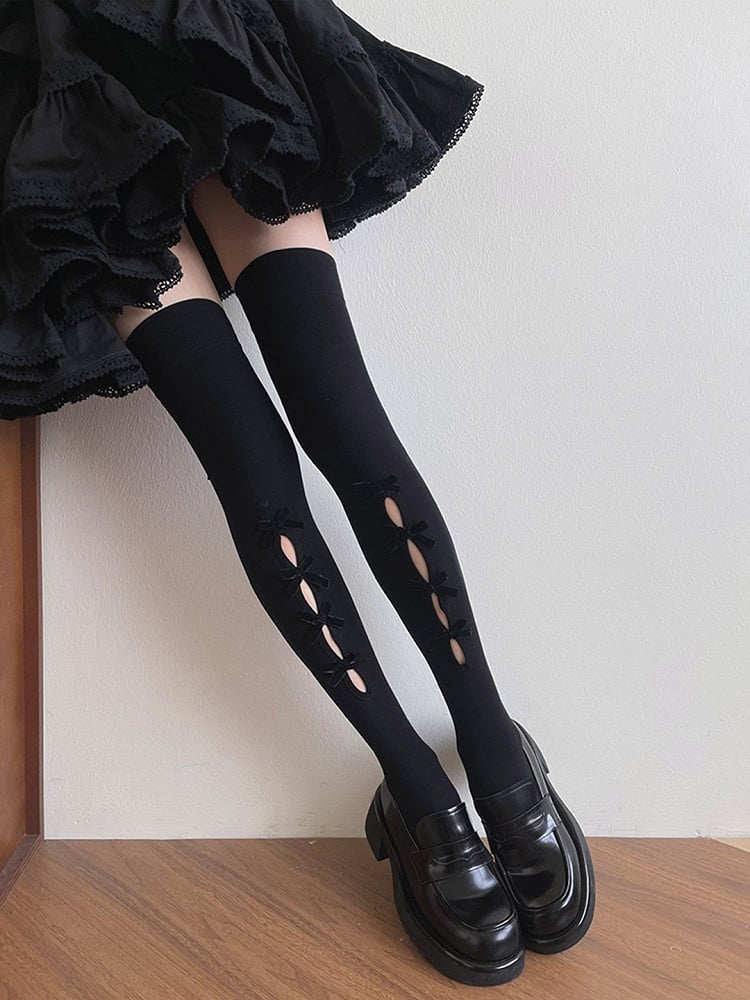 Bowknot Black/White Overknee Stockings Cut-out Design