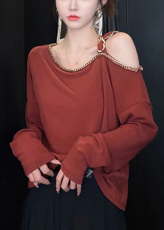 Chic Red Cold Shoulder Chain Linked Cotton Top Long Sleeve TT1001