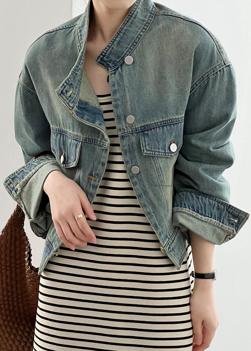 Fashion Blue Stand Collar Pockets Denim Short Coat Fall AF1029