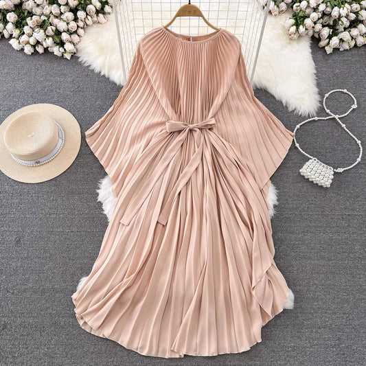 Italian Pink Batwing Sleeve Lace-up Pleated Dress AZ1004