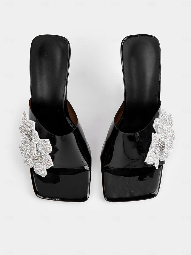 Black with Rhinestone Flower Patent Leather Women's Mules