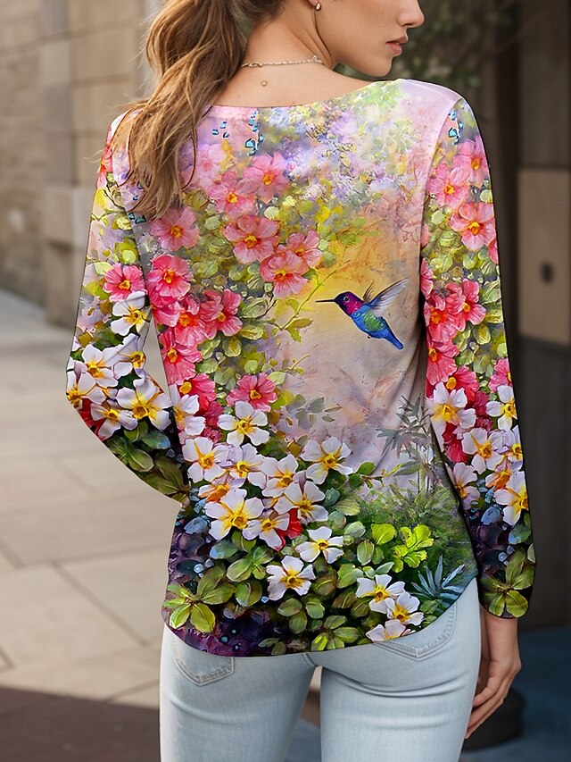 Women's T shirt Crew Neck Long Sleeve Tunic Floral Graphic