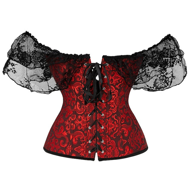 Women Floral Lace Off Shoulder Overbust Corset Bustier Boned