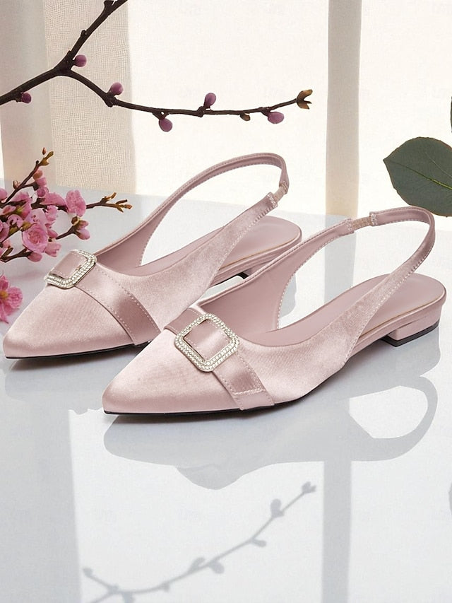 Women's Buckle Slingback with Satin Pink Flats Rhinestone