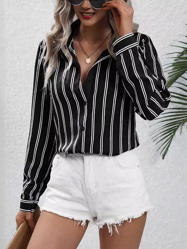 Women's Shirt Blouse Patchwork Buttons Striped Elegant