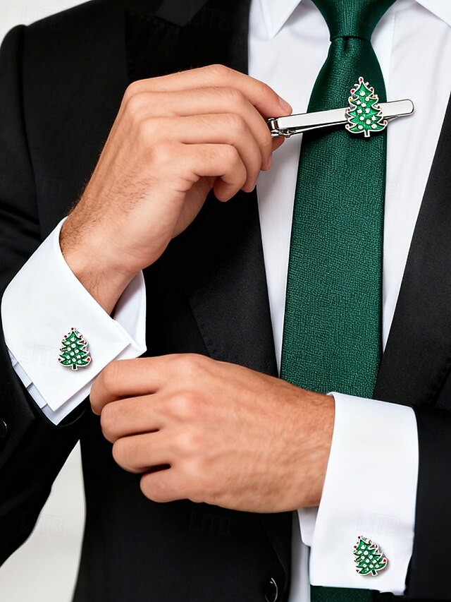 Tie Men's Christmas Set Festive - Cufflinks Tree and Clip