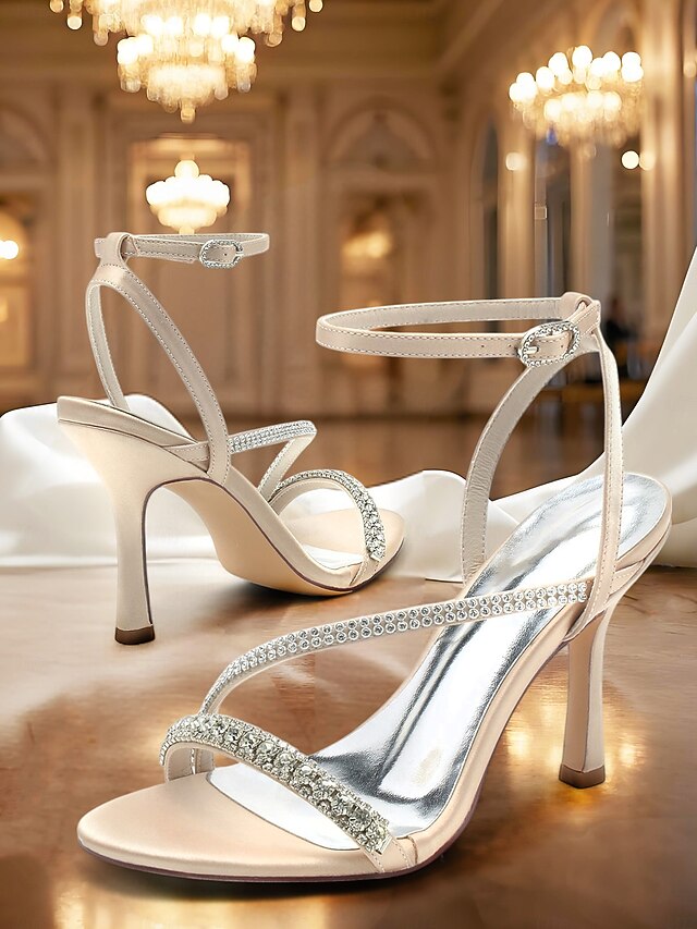 Sophisticated Rhinestone Satin Champagne Strappy – Heels