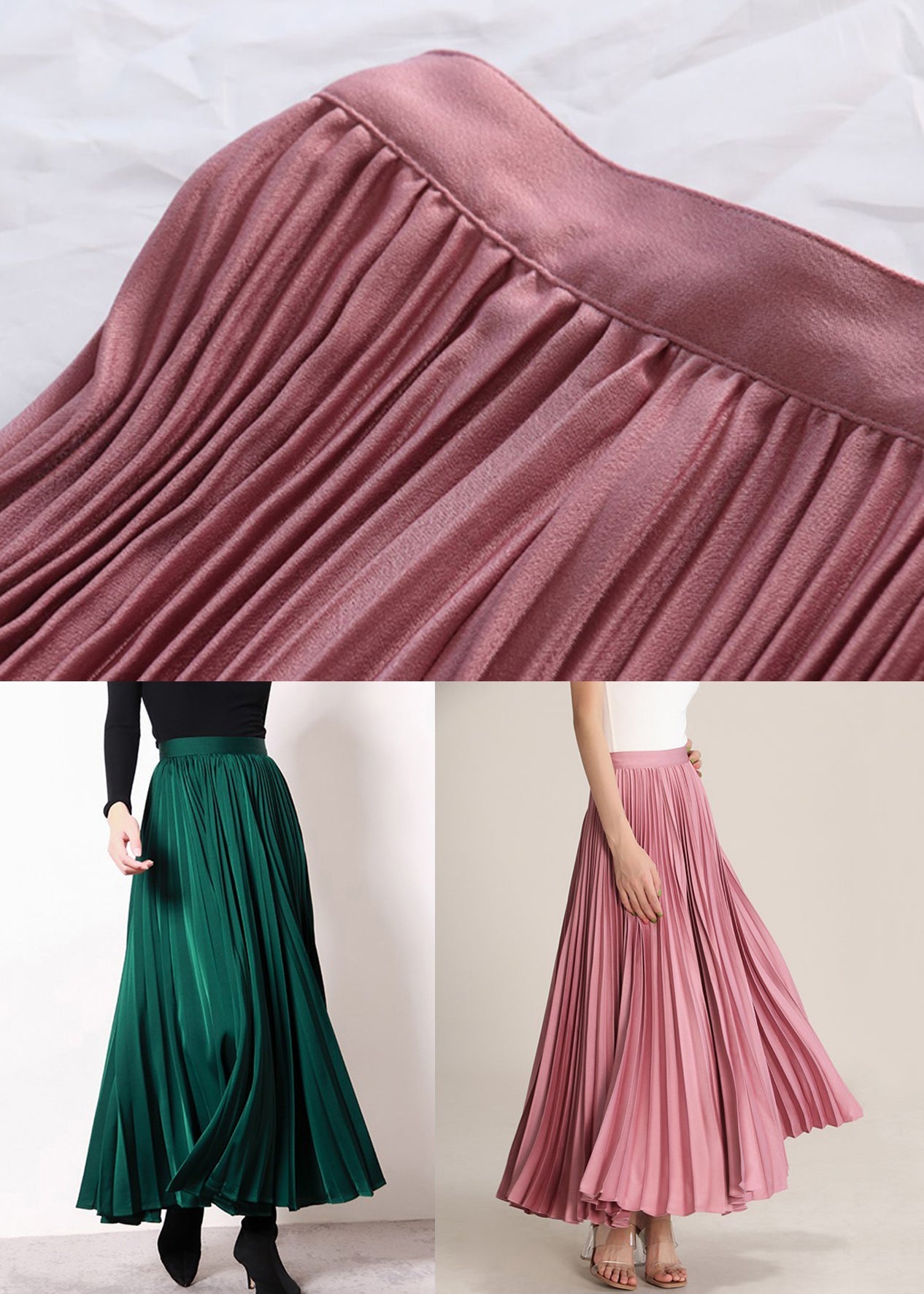 Pink Solid High Waist Silk Pleated Skirt Zippered RV014