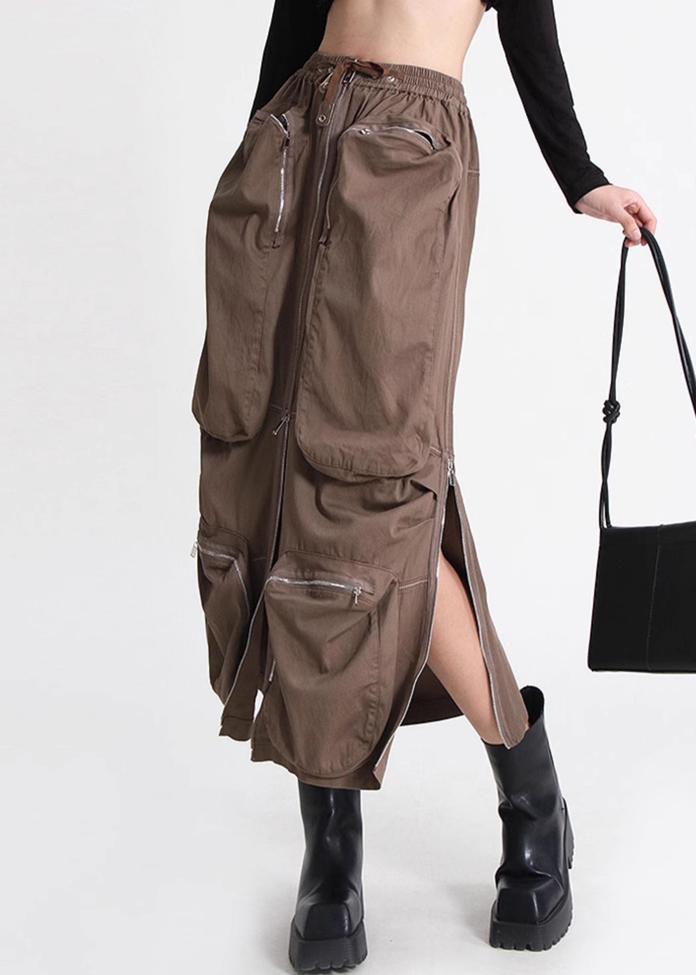 Loose Skirt Zippered Waist Pockets Cotton Elastic Summer Brown