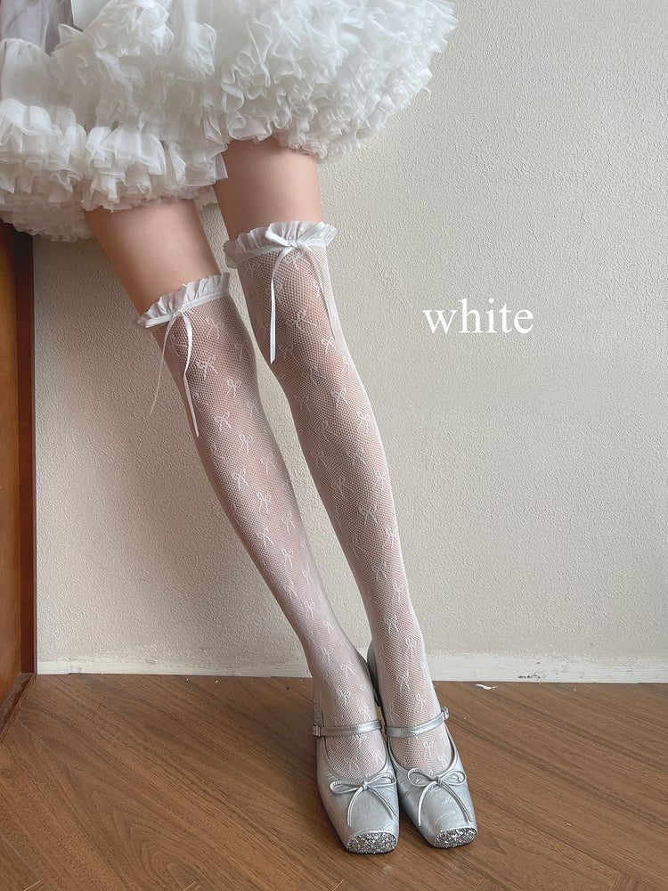 Yellow/Black Stockings Lace Details Overknee White/Light Bowknot Trim