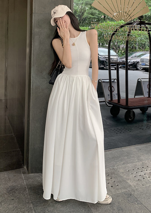 Sleeveless Holiday Fit Cotton Dress Patchwork White Silm