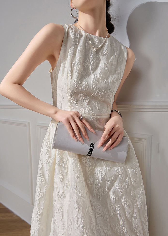 White O-Neck Dresses Cotton Long Waist High Jacquard Sleeveless