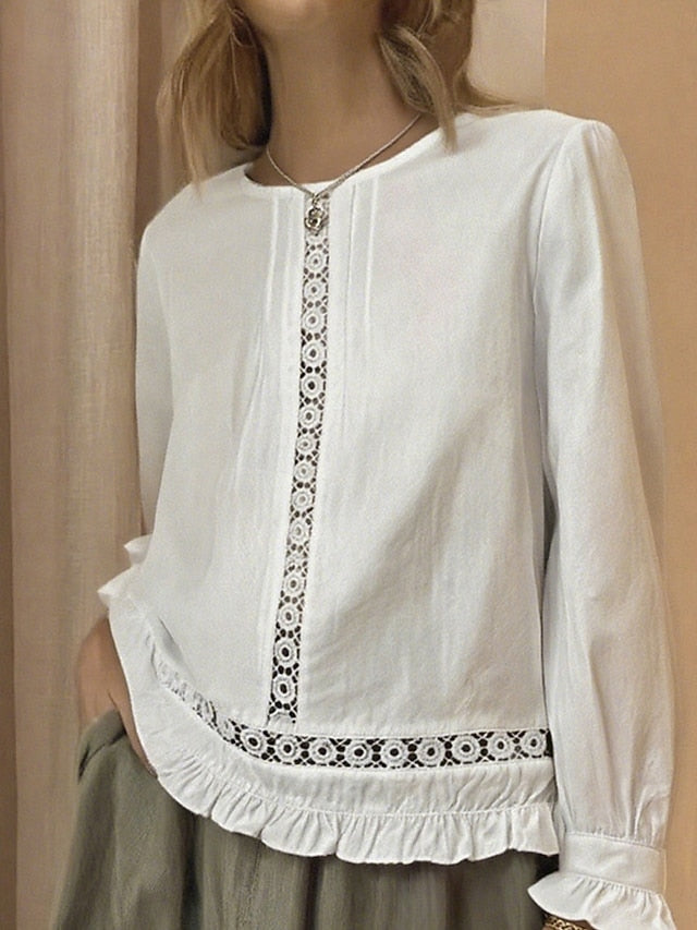 Women's Blouse Eyelet top Ruched Patchwork Eyelet Solid