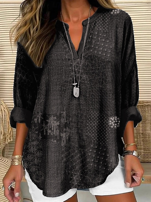 Women's Shirt Buttons Print Geometric Color Block Stylish