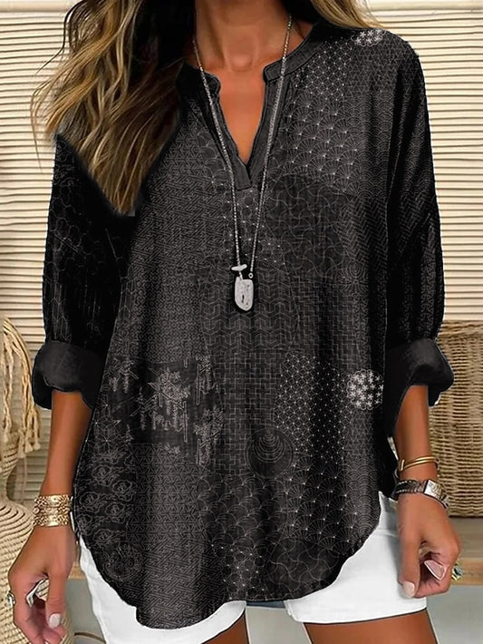 Women's Shirt Buttons Print Geometric Color Block Stylish
