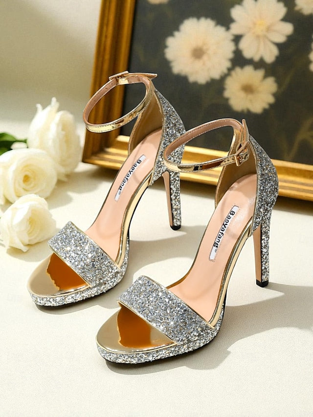 Sandals Silver Glitter Ankle Heel Women's Strap High with