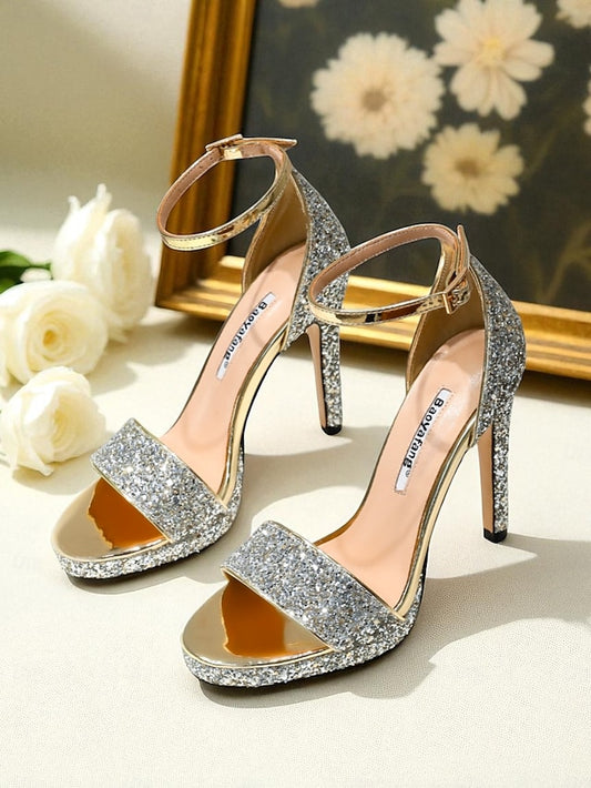 Sandals Silver Glitter Ankle Heel Women's Strap High with