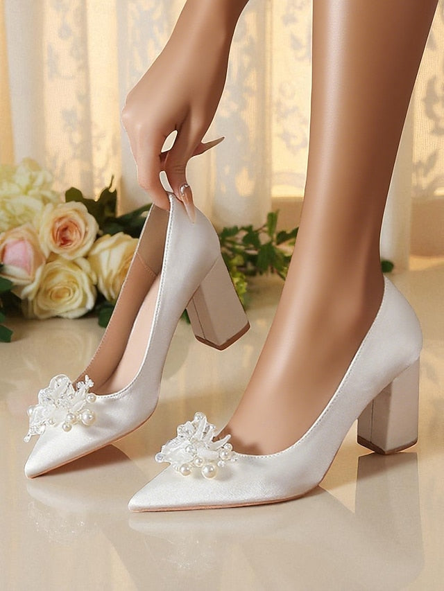 Women's Heels with Pearl Crystal White and Wedding
