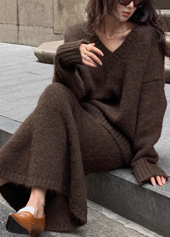 Plus Size Brown Cozy Cotton Knit Sweaters And Maxi Skirts Two Pieces Set Winter WV029