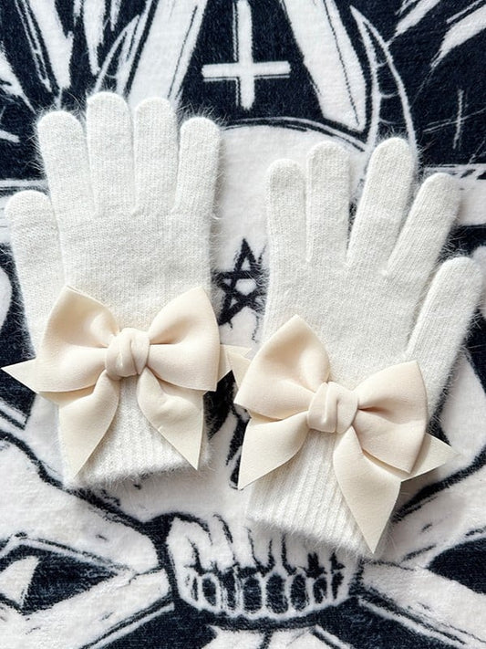 Details Bowknot Finger Pads at Cutout Gloves Gothic White