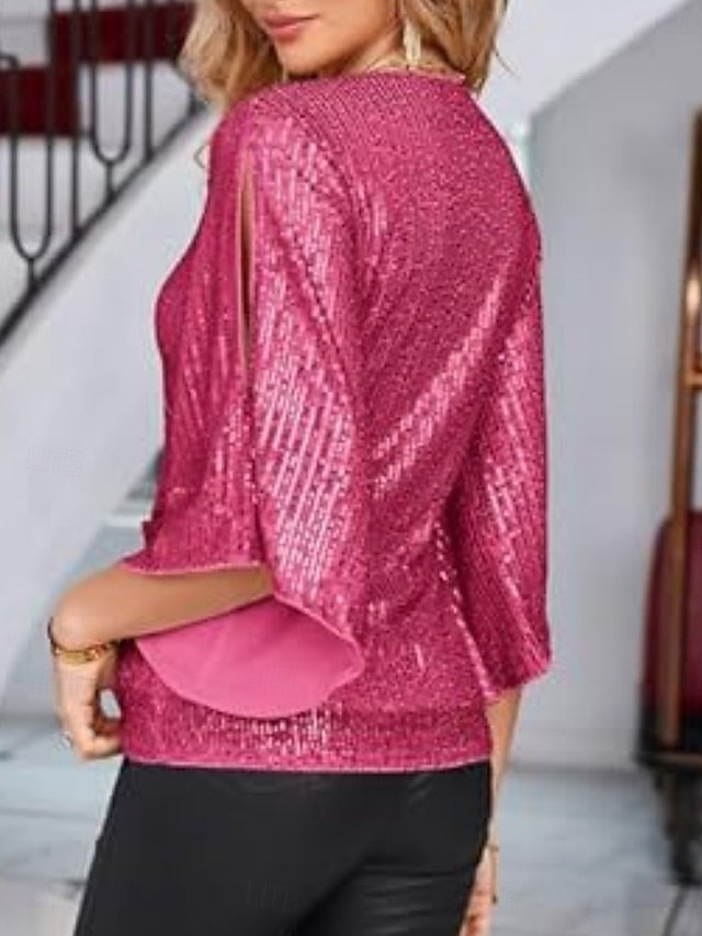 Women's Blouse Sequins Solid Color Elegant Modern 3/4