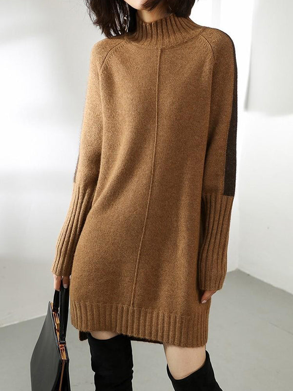 Urban Camel Half Turtleneck Contrast Color Long Sleeve Knit Sweater Dress AN1068