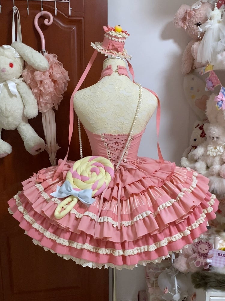 Dress Lolita Idol Accents Pink Rose Ruffle Bow Tiered Neck Sweet Halter Skirt