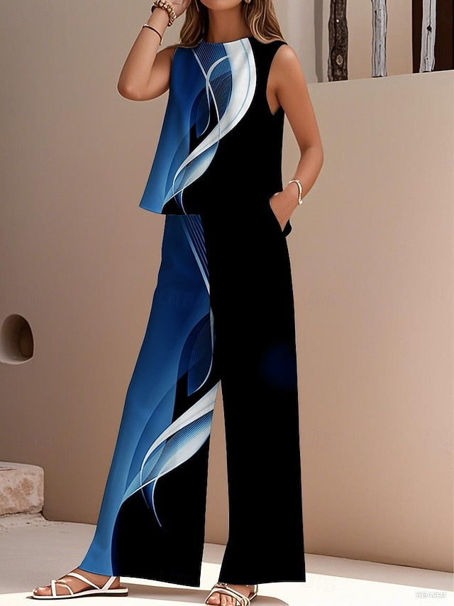Women's Pants Sets Faux Cotton Linen Sleeveless Crew Neck