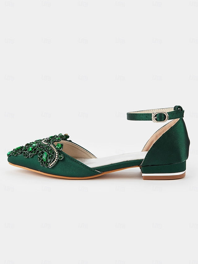 – Gemstone Embellished Flats Pointed-Toe Green Style Vintage