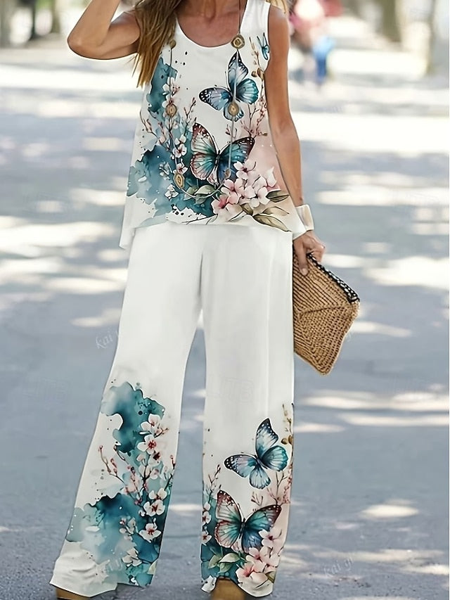 Women's Pants Sets Sleeveless Round Neck U Neck Floral
