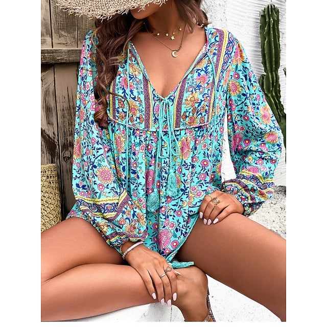 Women's Shirt Blouse Lace up Print Floral Bohemia Ethnic