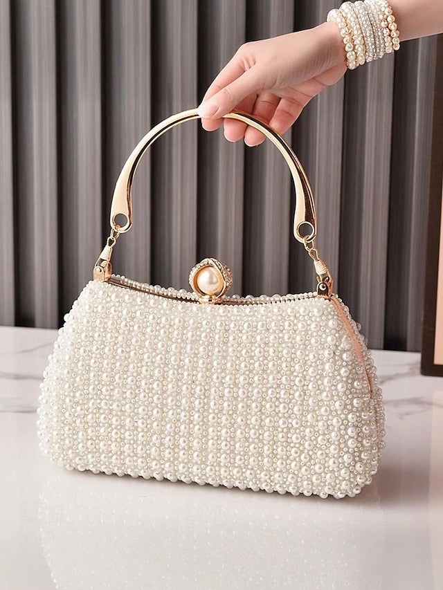 Evening Handle Bag Clutch Beaded Pearl with Gold Women's