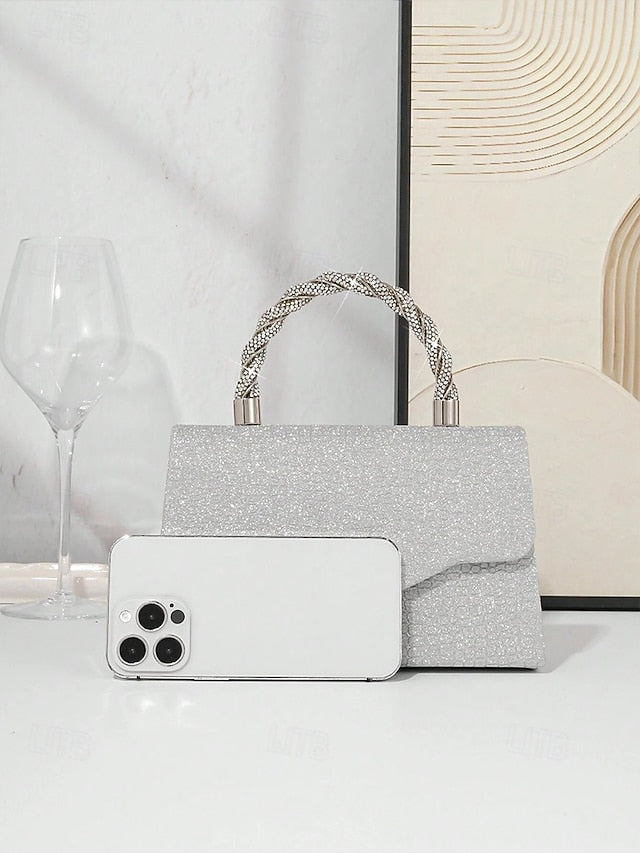 Handbag Women's – Rhinestone Silver with Handle Glitter