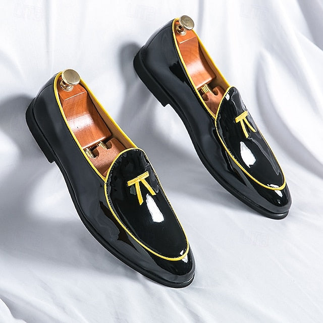 Yellow Loafers Black Leather with Faux Trim Men's Patent