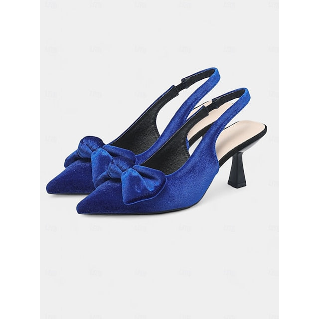 Blue Pointed Bow Women's Heels Toe with Slingback Velvet