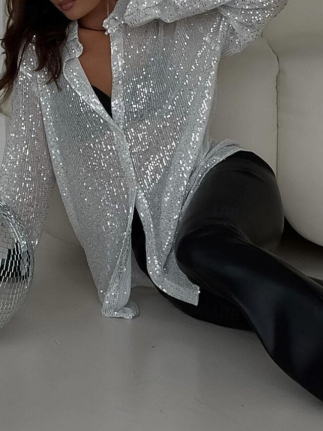 Women's Casual Shirt Button Up Shirt Blouse Sequins Buttons
