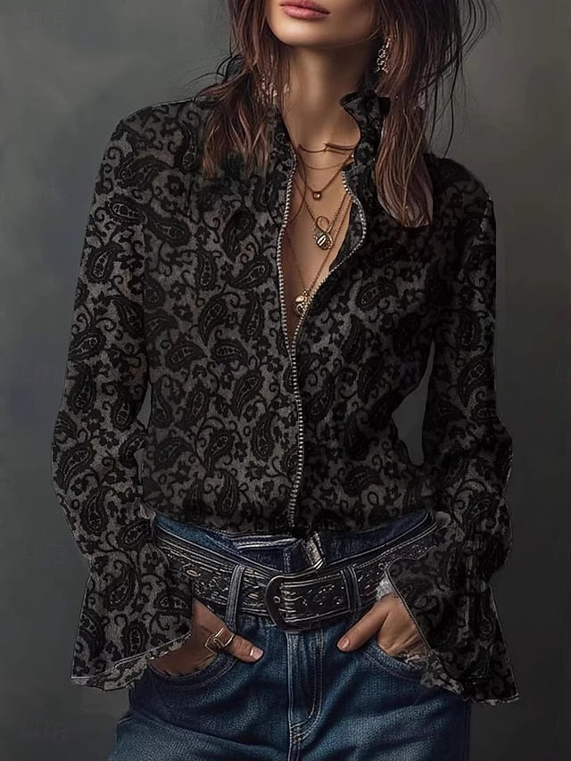 Women's Shirt Blouse Lace Tops Zipper Floral Graphic