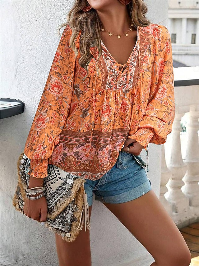 Women's Shirt Blouse Casual Boho Floral Lace up Print Long