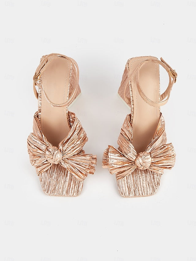 Textured Gold Rose Sandals Heel Knot and with Detail Block