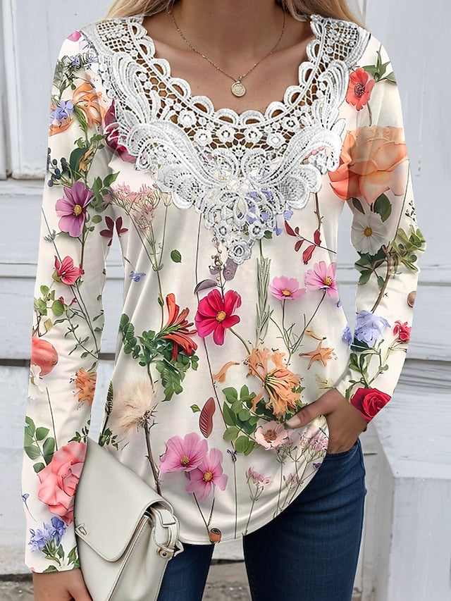 Women's Blouse Tunic Lace Splicing V Neck Long Sleeve