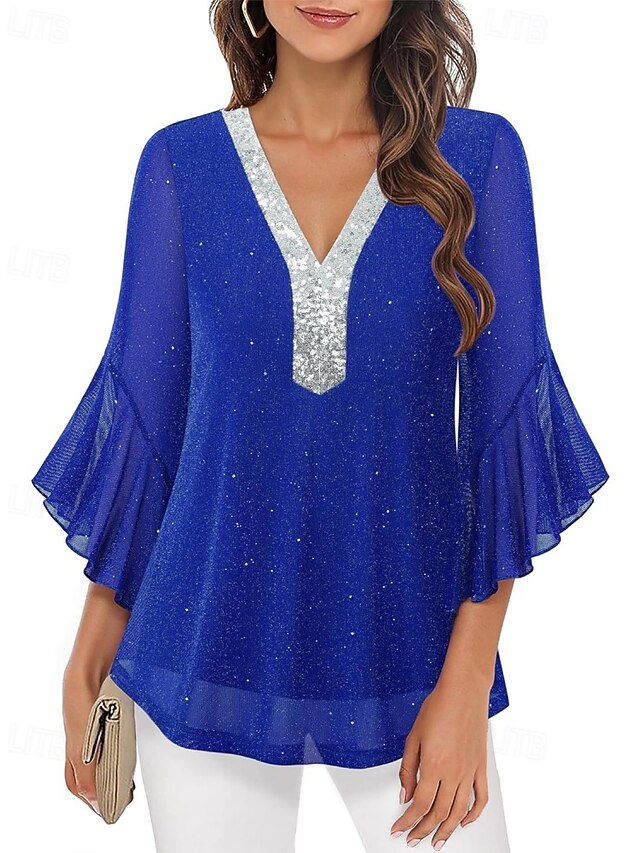 Women's Blouse Sequin Tops Patchwork Color Block Stylish