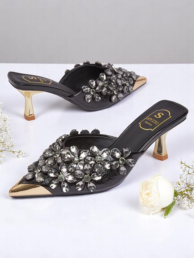 Pointed-Toe Mules – Black Embellished Women's Rhinestone