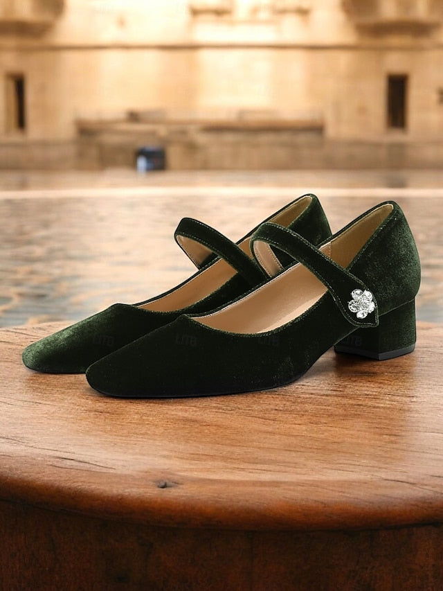 Jane Block Velvet Mary Green Square Women's - Toe Pumps